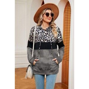 Women's Charcoal Leopard Drawstring Hoodie with Pocket - size Large